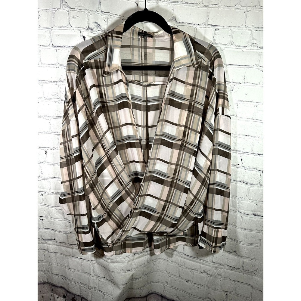 Vince Camuto Womens Plaid Surplice‎ Crossover Blouse Neutral Long Sleeve Size M